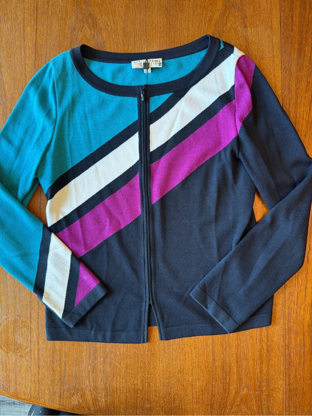 St. John Colorblock Zip-Front Knit Jacket in Teal, Magenta & Black